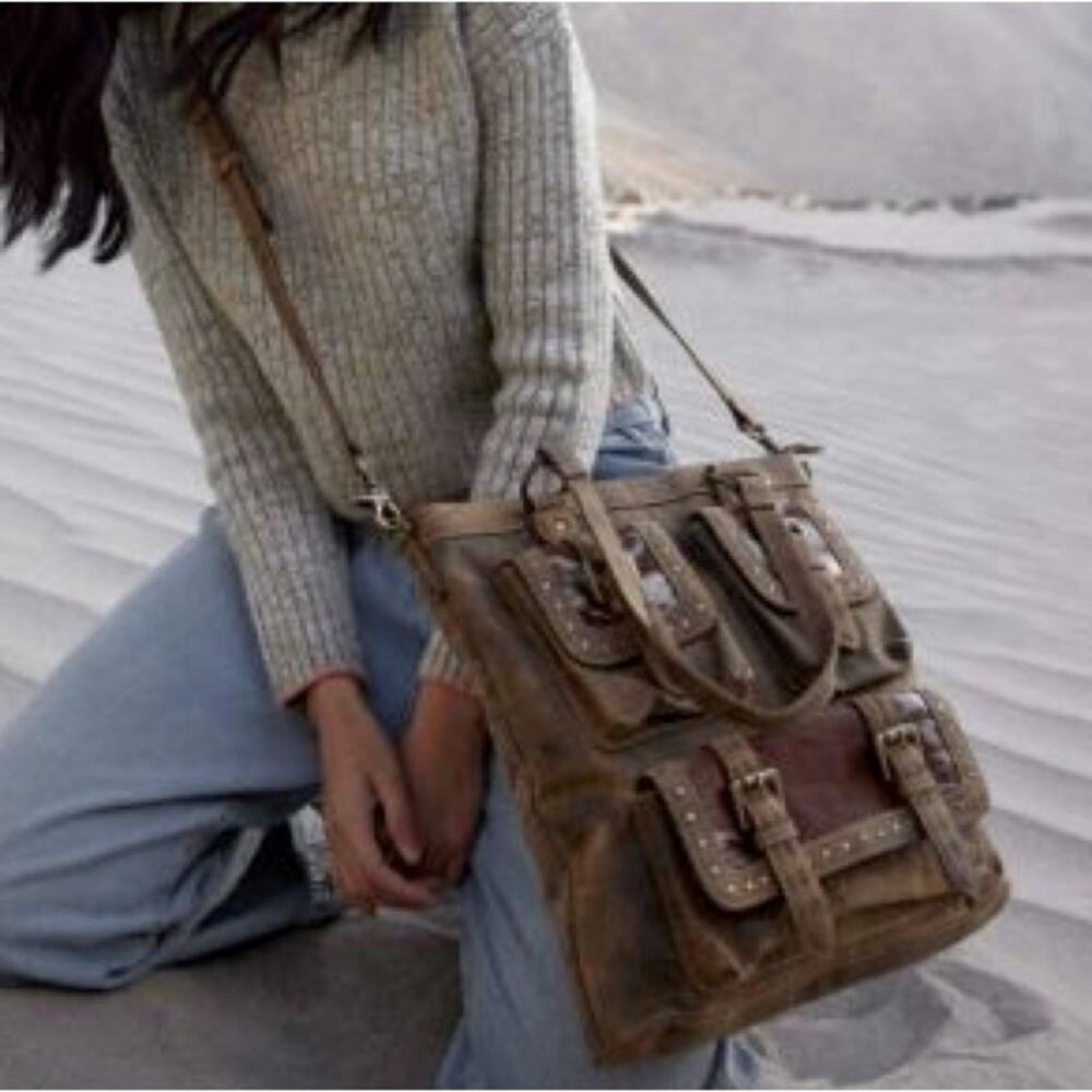 NWT LEATHER CUBE MESA POUCHED CANVAS HAIRON BAG by Myra - Picture 7 of 7